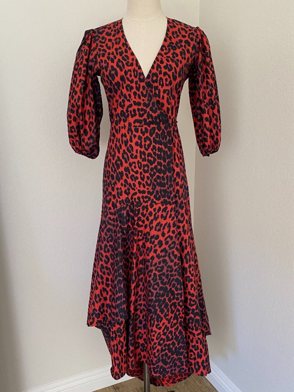 Ganni Bijou Cotton Poplin Red Leopard Wrap Dress - 34